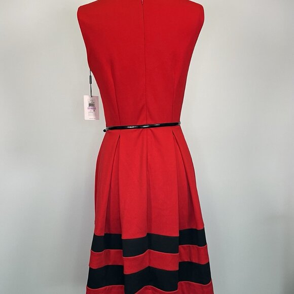 Calvin Klein Dress Fit Flare Cocktail Pleated Belted Red Black Women’s 6 NWT - Picture 3 of 8